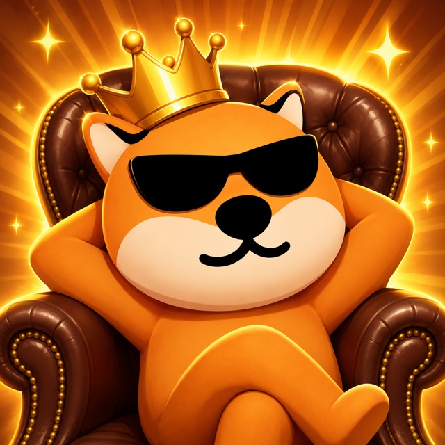 Bluffy wearing a crown on a leather throne — Big Boss Energy title
