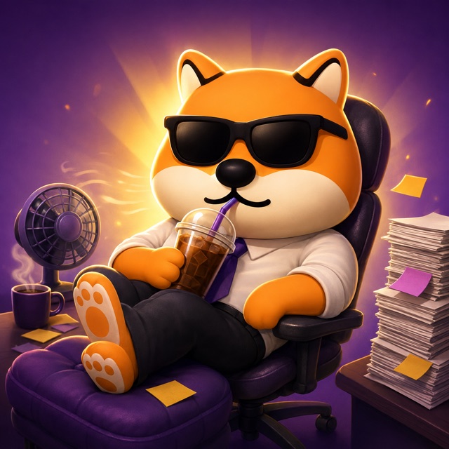 Bluffy reclining with an iced coffee, feet up on the desk — Break Champion title