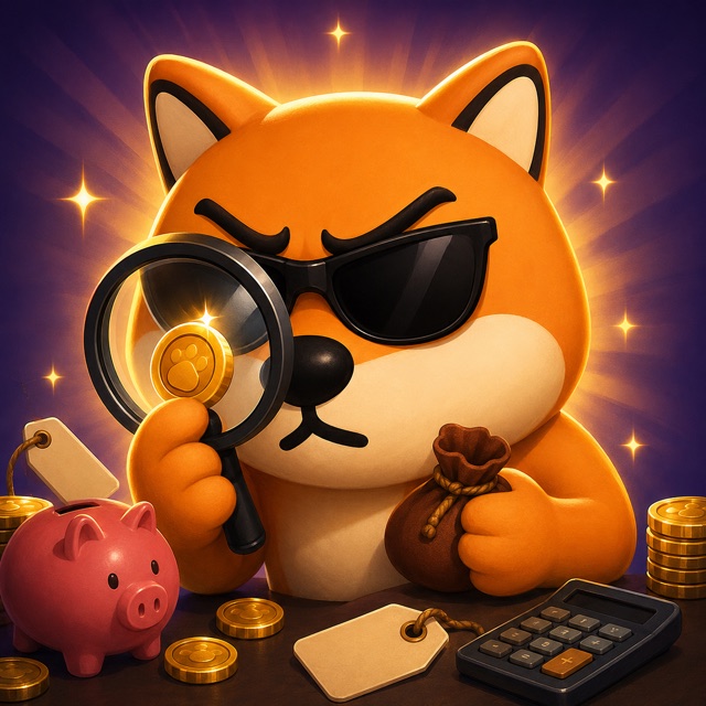 Bluffy inspecting a coin with a magnifying glass next to a piggy bank — Budget Minister title