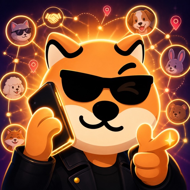 Bluffy on the phone surrounded by a network of contacts — The Connector title